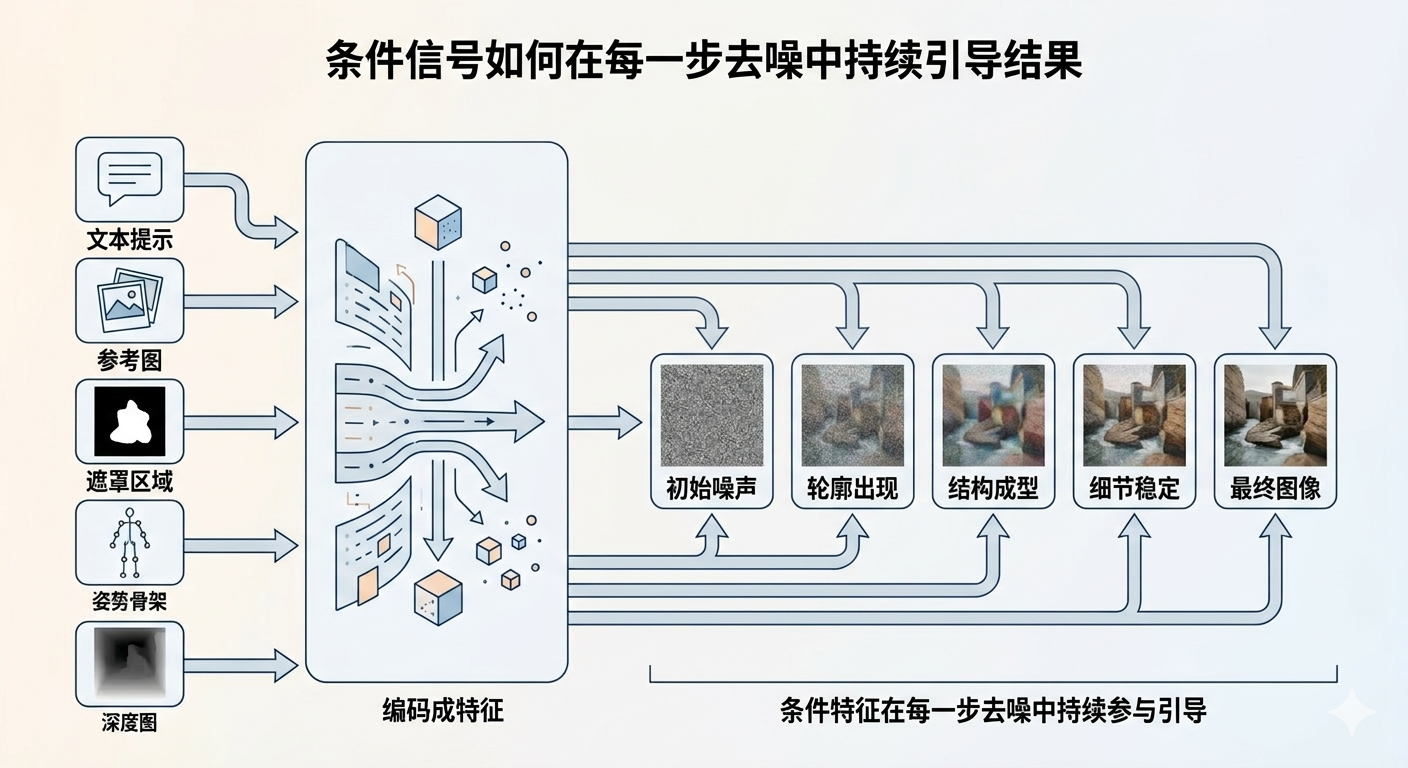 条件信号会先被编码成特征,并在每一步去噪中持续引导结果。